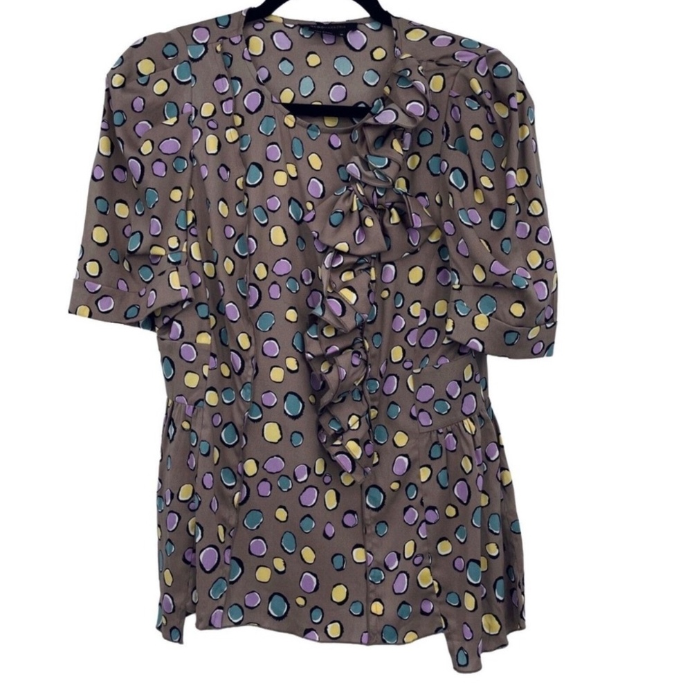 BCBGMaxazria Multicolor Silk Blouse Ruffle Bow Polkadot Size Medium